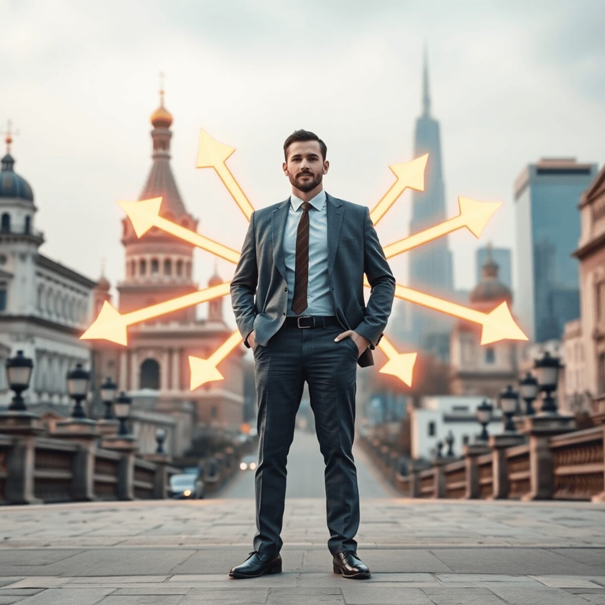 Businessman at crossroads with glowing arrows, blending historical and modern cityscape, symbolizing leadership in a complex global environment.