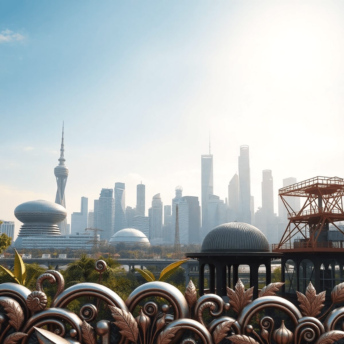 City skyline with futuristic sustainable buildings and artisanal metalwork patterns in the foreground under a bright, optimistic sky.