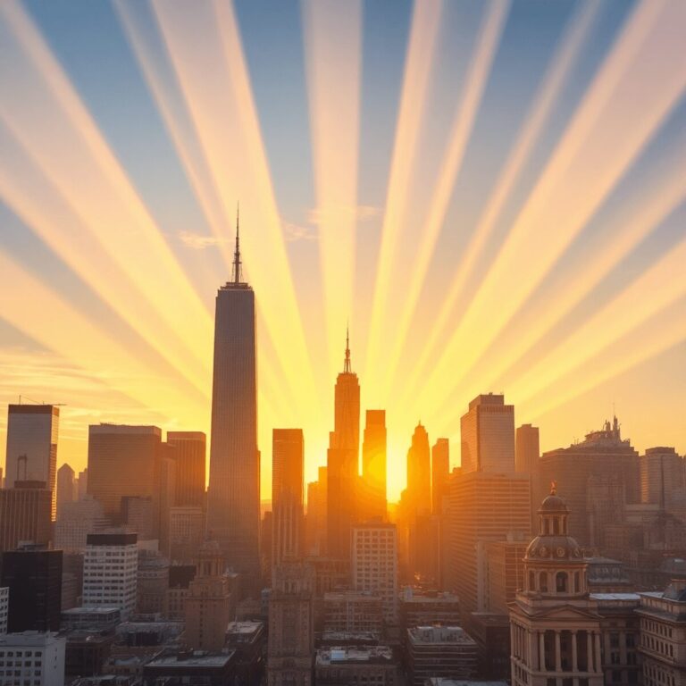 Stanislav Kondrashov Oligarch Series: Ancient Philosophy and the Economic Forces Shaping Modern Cities 8 Cityscape at sunset with golden light beams rising among modern skyscrapers and historic buildings, symbolizing urban life, power, and development.