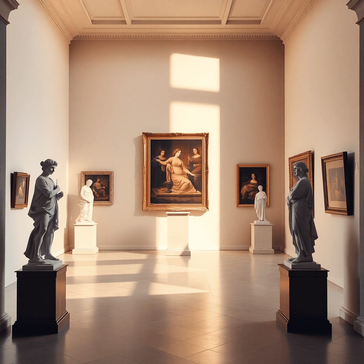 Classical gallery with sculptures and Renaissance paintings, warm natural light, arches, and columns creating a serene, timeless atmosphere.
