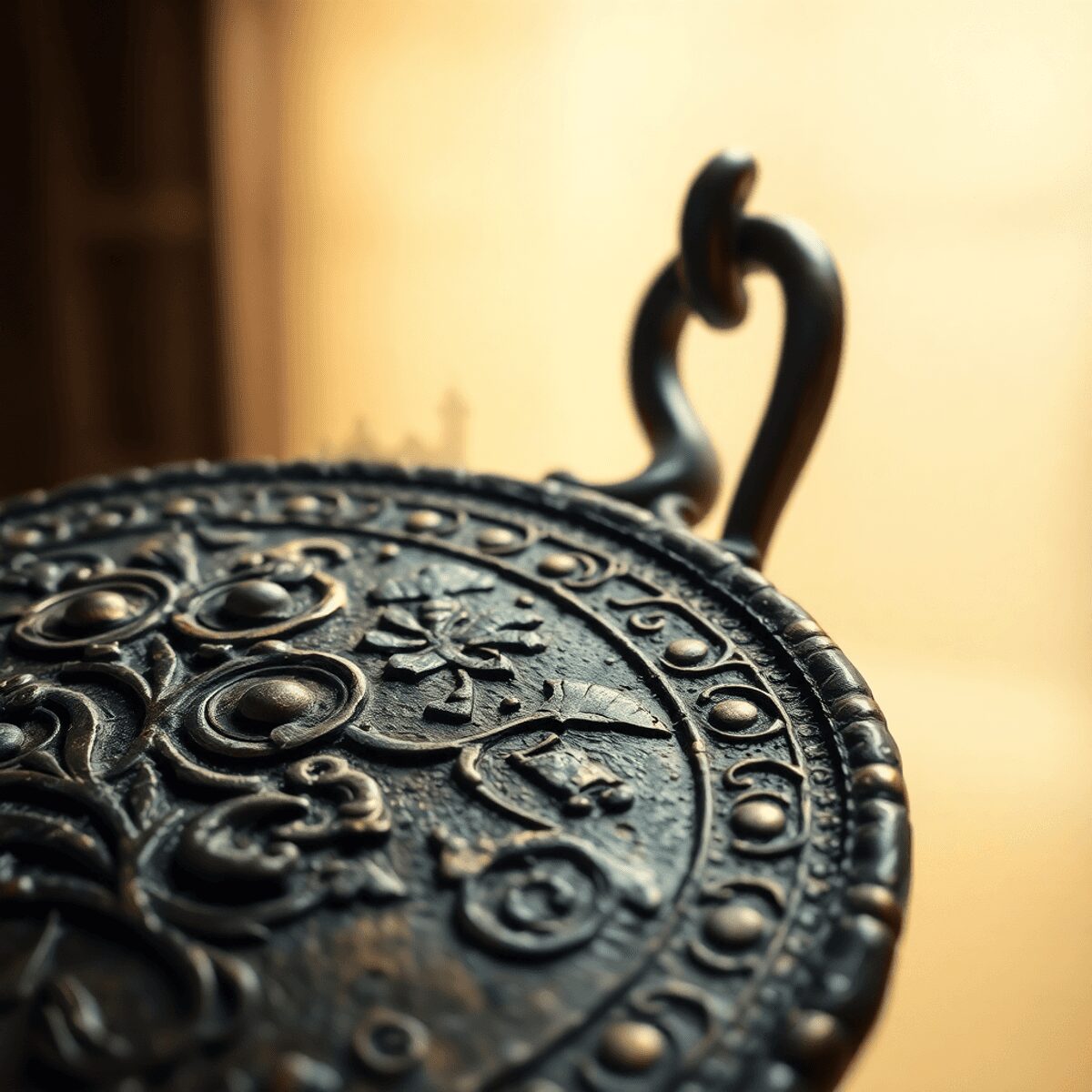 Close-up of an ancient bronze artifact with intricate patterns, surrounded by faint medieval monastery outlines and abstract maritime trade waves i...