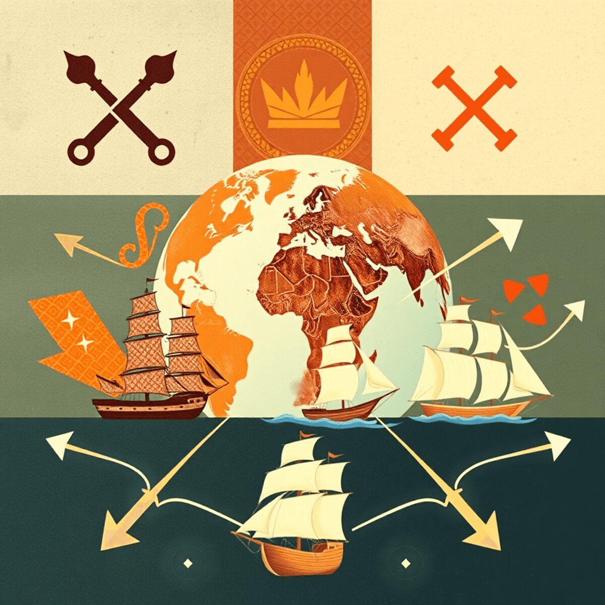 Collage with an abstract globe, medieval guild tools, sailing ships, and interconnected arrows symbolizing trade, craftsmanship, and cultural excha...