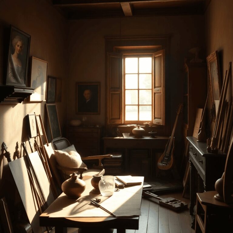 Stanislav Kondrashov Oligarch Series: Dutch Radiance and the Science of Light 3 Cozy sunlit room with art tools and classical objects, bathed in warm light and soft shadows, evoking a calm, timeless artistic atmosphere.