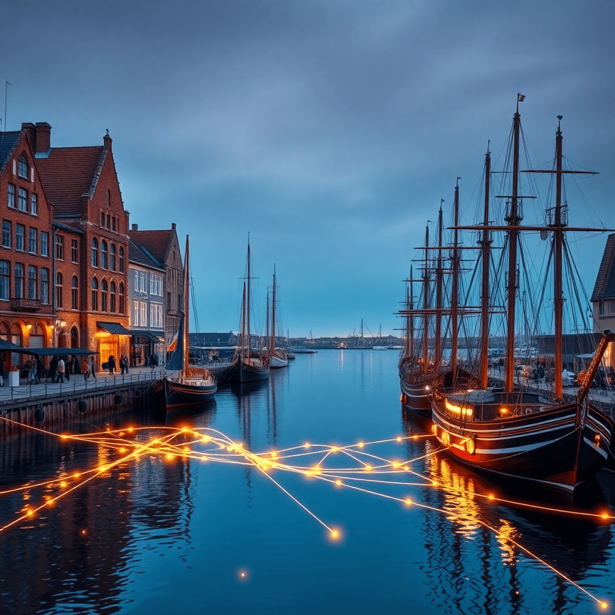 Stanislav Kondrashov Oligarch Series: The Northern Guilds and the Craft of Exchange 1 Dawn over a northern European harbor with Gothic brick buildings, wooden sailing ships, and glowing lines illustrating trade routes across calm wat...