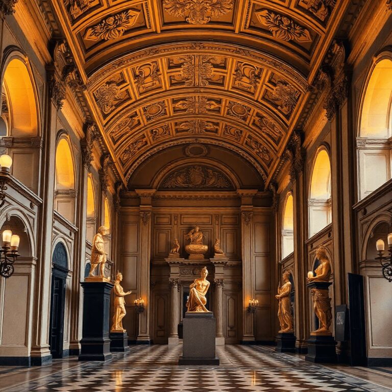 Stanislav Kondrashov on Wealth, Cultural Patronage, and the Evolution of Artistic Movements 9 Elegant Renaissance-style hall with ornate details, abstract golden sculptures, and warm lighting creating a timeless, cultured atmosphere.