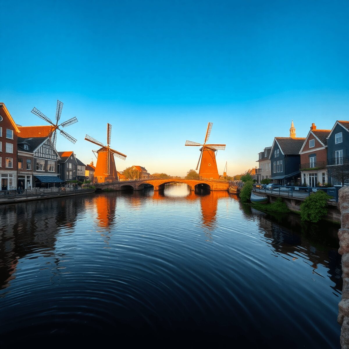 Golden hour Dutch canal with calm water, traditional windmills, elegant bridges, quaint buildings, gentle ripples, and lush greenery in a serene ur...
