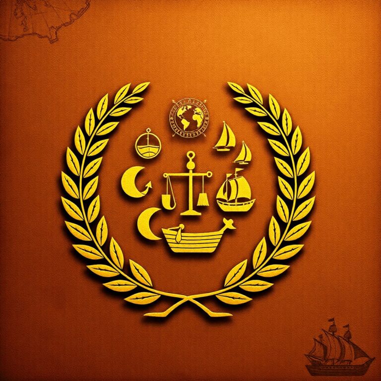 Golden laurel wreath encircling abstract icons of leadership, craftsmanship, trade, and maritime exploration on a warm, textured background with ma...