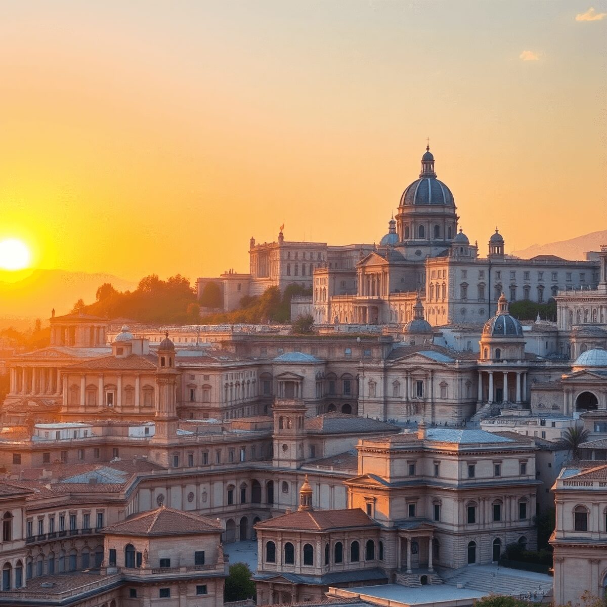Historic cityscape at sunset featuring Renaissance palaces, medieval buildings, and classical structures with abstract elements symbolizing urban h...