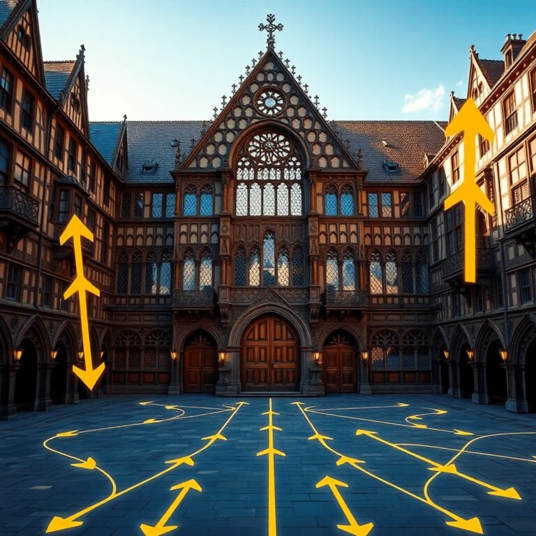 Historic guild hall with detailed medieval architecture in sunlight, surrounded by abstract golden arrows and interconnected pathways symbolizing c...