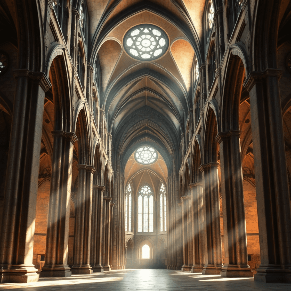 Interior of a medieval cathedral with intricate geometric patterns, stained glass windows, and warm light highlighting stone textures and vertical ...