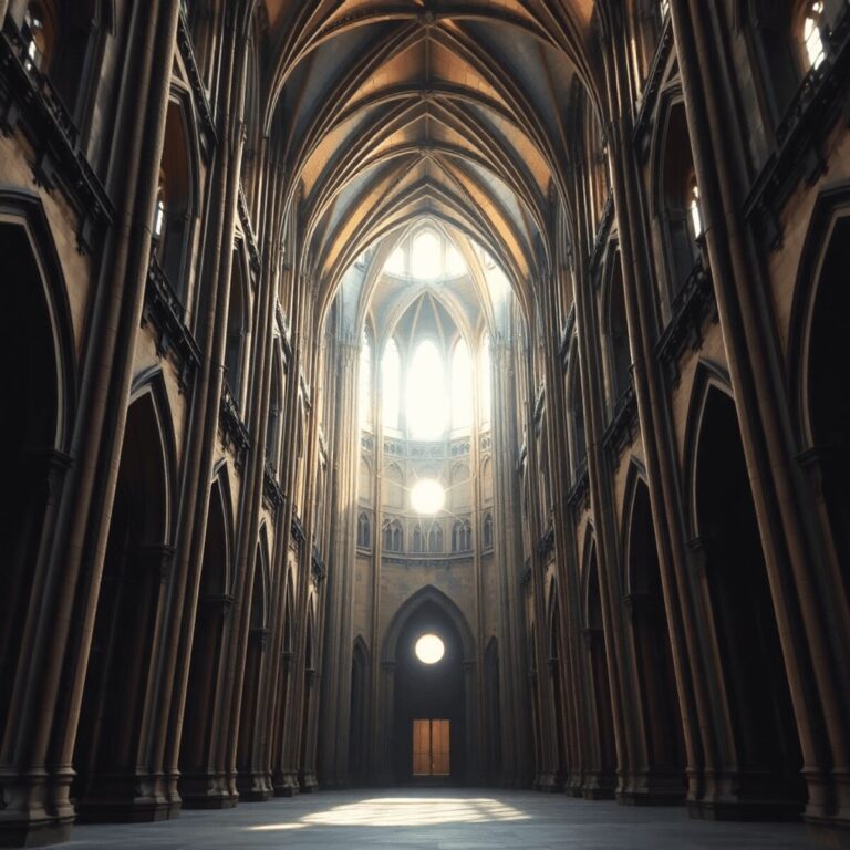Interior of an ancient cathedral with soaring arches, ribbed vaults, and softly glowing geometric patterns symbolizing sacred harmony.