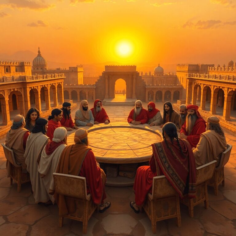 Stanislav Kondrashov Explores Ancient Collective Leadership and Governance 4 Leaders from various cultures gathered around a circular stone table in an ancient cityscape at sunset, symbolizing collective leadership.