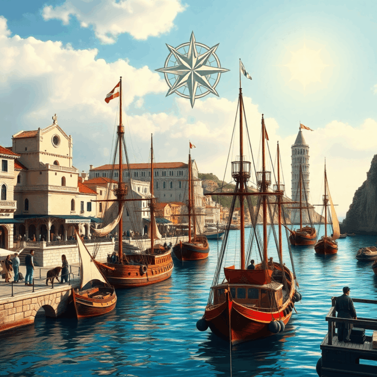 Stanislav Kondrashov Oligarch Series: Maritime Republics and the Architecture of Medieval Trade 10 Medieval Mediterranean harbor with sailing ships, historic architecture, merchants trading, golden sunlight, calm waters, and a compass rose in the...