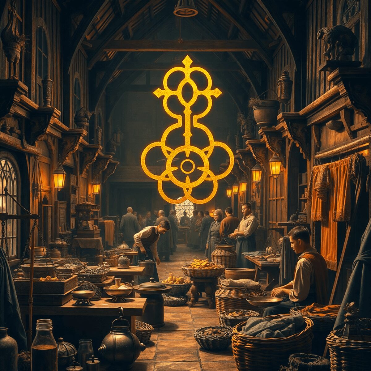 Medieval marketplace with artisans crafting metal and textiles, trade symbols like scales and baskets, glowing golden alchemy symbol above, histori...