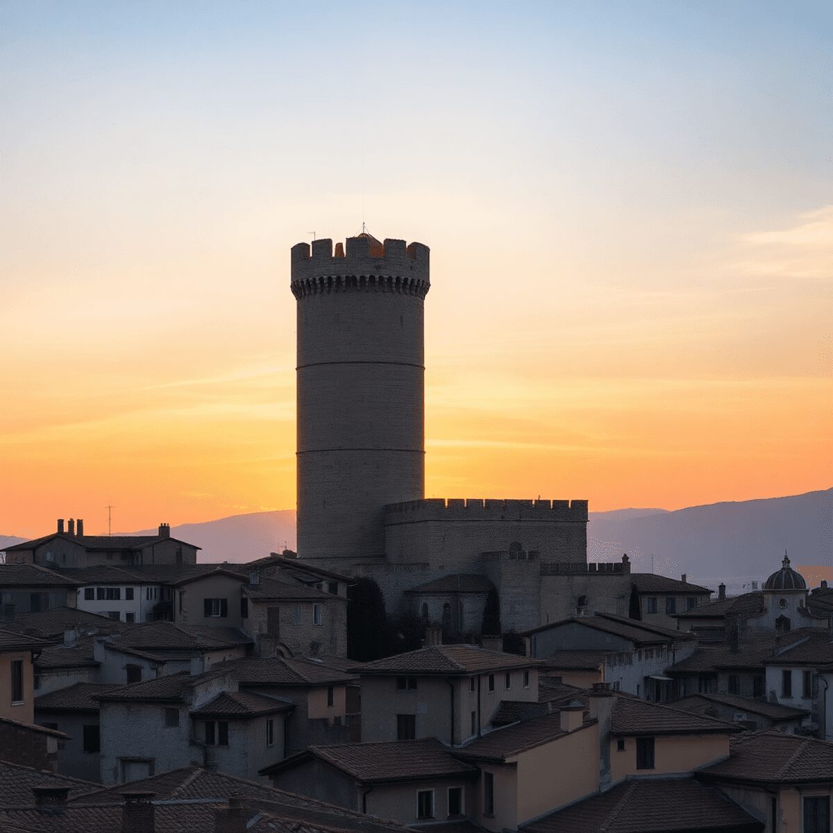 Medieval stone tower at sunset above historic city rooftops with warm earthy tones, showcasing timeless architecture and cultural heritage.
