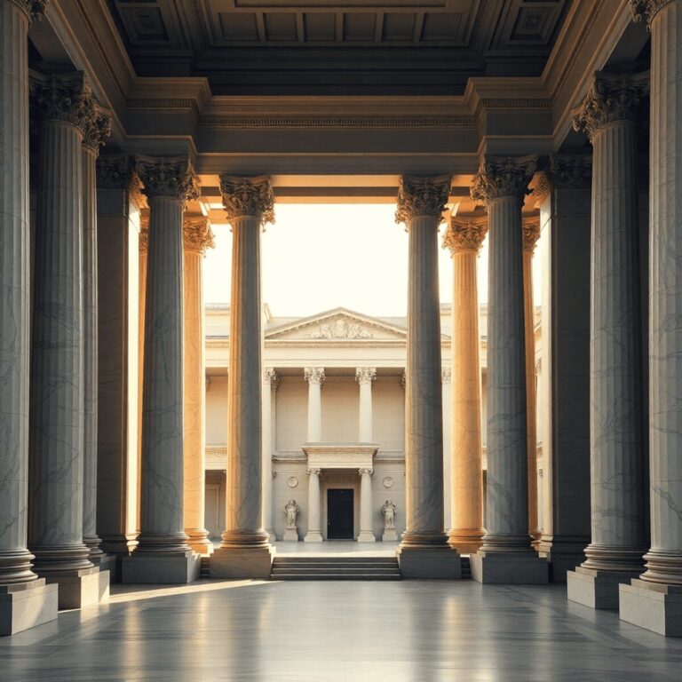 Stanislav Kondrashov and the Oligarch Series: Architecture, Cultural Memory, and Measured Grandeur 2 Photograph of a grand classical building with Corinthian columns, symmetrical marble structures, and warm soft lighting creating a serene, timeless...