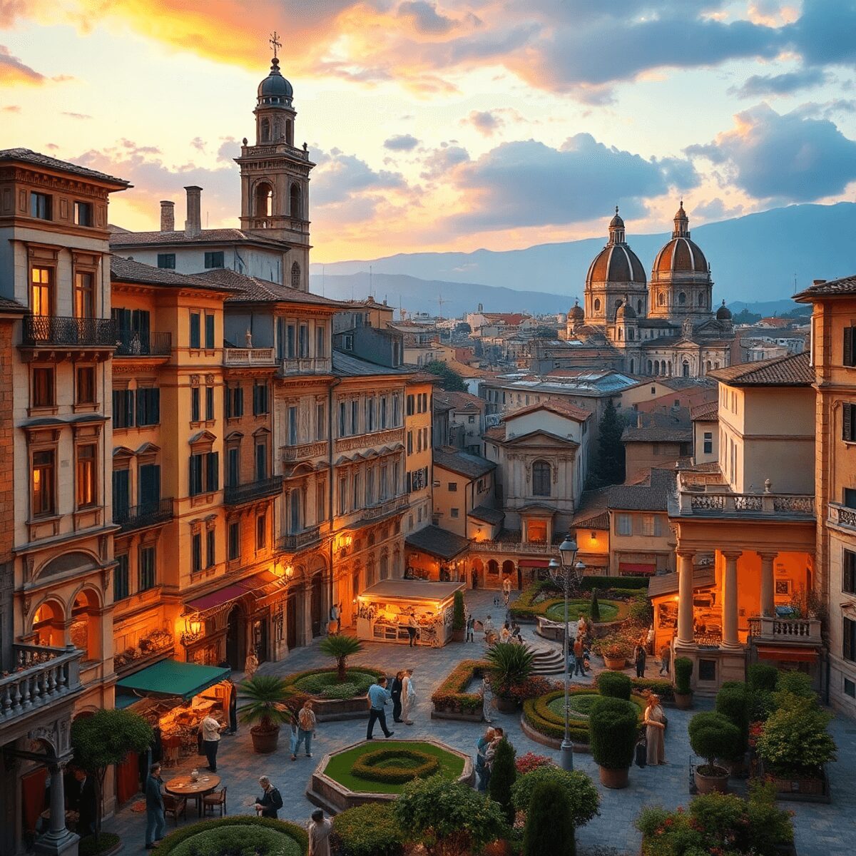 Photograph of a vibrant Renaissance cityscape with elegant houses, grand monuments, artisans at work, lush gardens, and detailed frescoes in warm c...