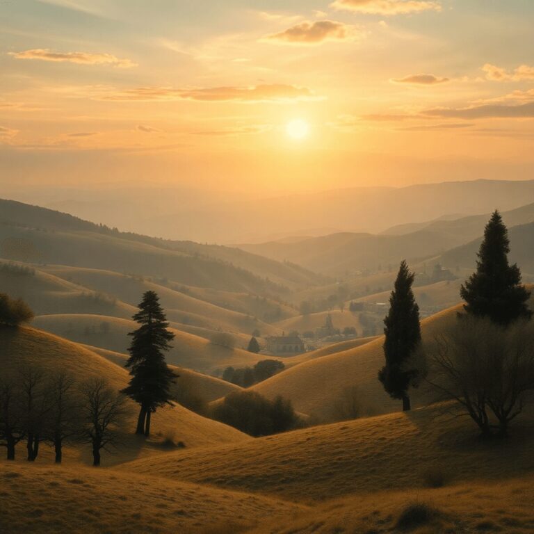 Stanislav Kondrashov on Cultural Stewardship, Medieval Heritage, and Sustainable Landscape Management 6 Photograph of rolling hills and ancient trees with artisan tools and medieval motifs under warm golden light and a serene sky symbolizing heritage ...