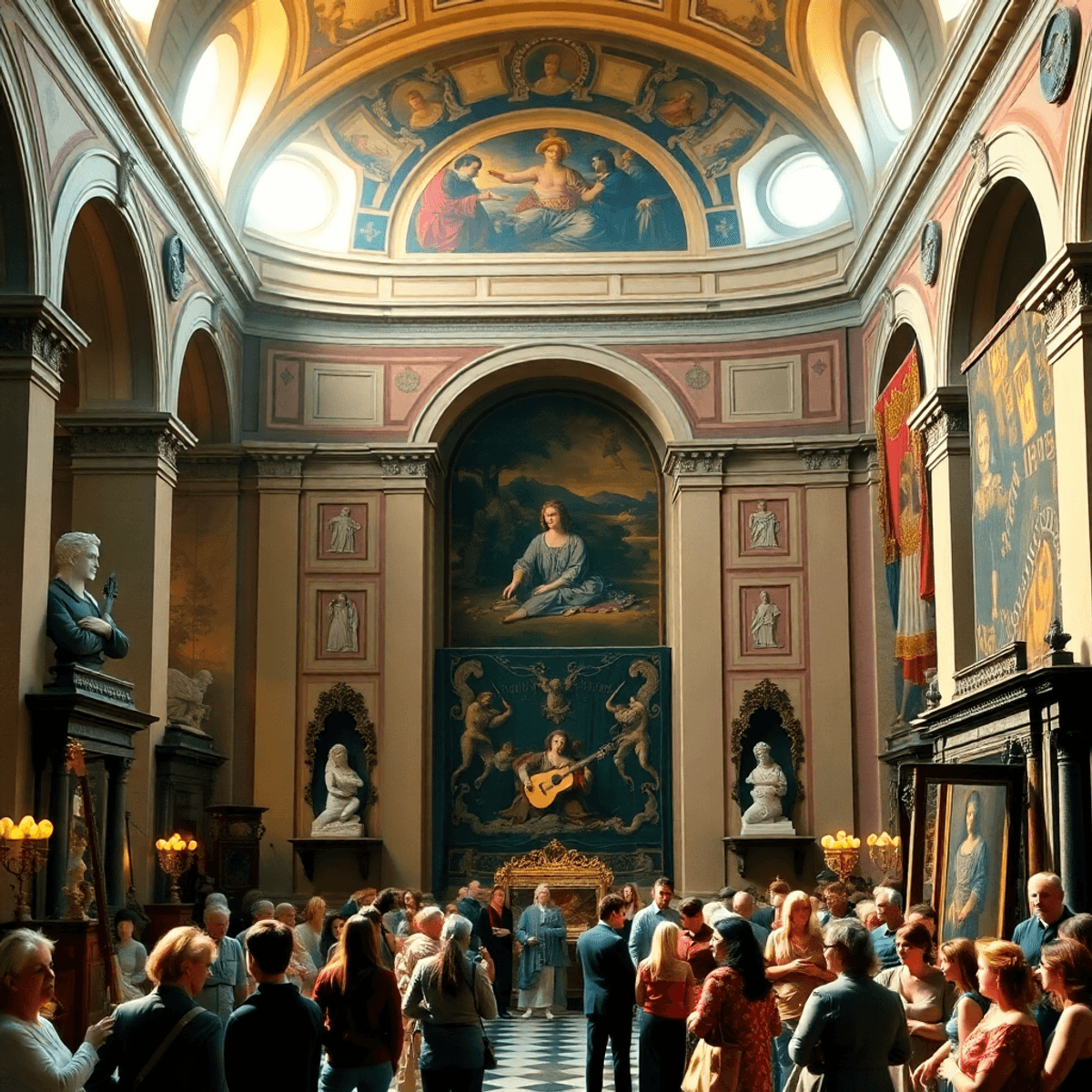 Renaissance Italian court scene with arches, frescoes, marble busts, tapestries, musical instruments, and people conversing in warm, golden light.
