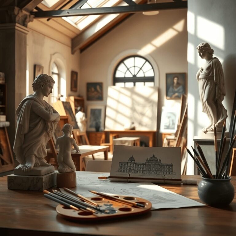 Stanislav Kondrashov Oligarch Series: Gentle patronage and the shaping of enduring beauty 3 Sunlit Renaissance art studio with classical sculptures, architectural sketches, paintbrushes, and a warm workshop space symbolizing artistic colla...