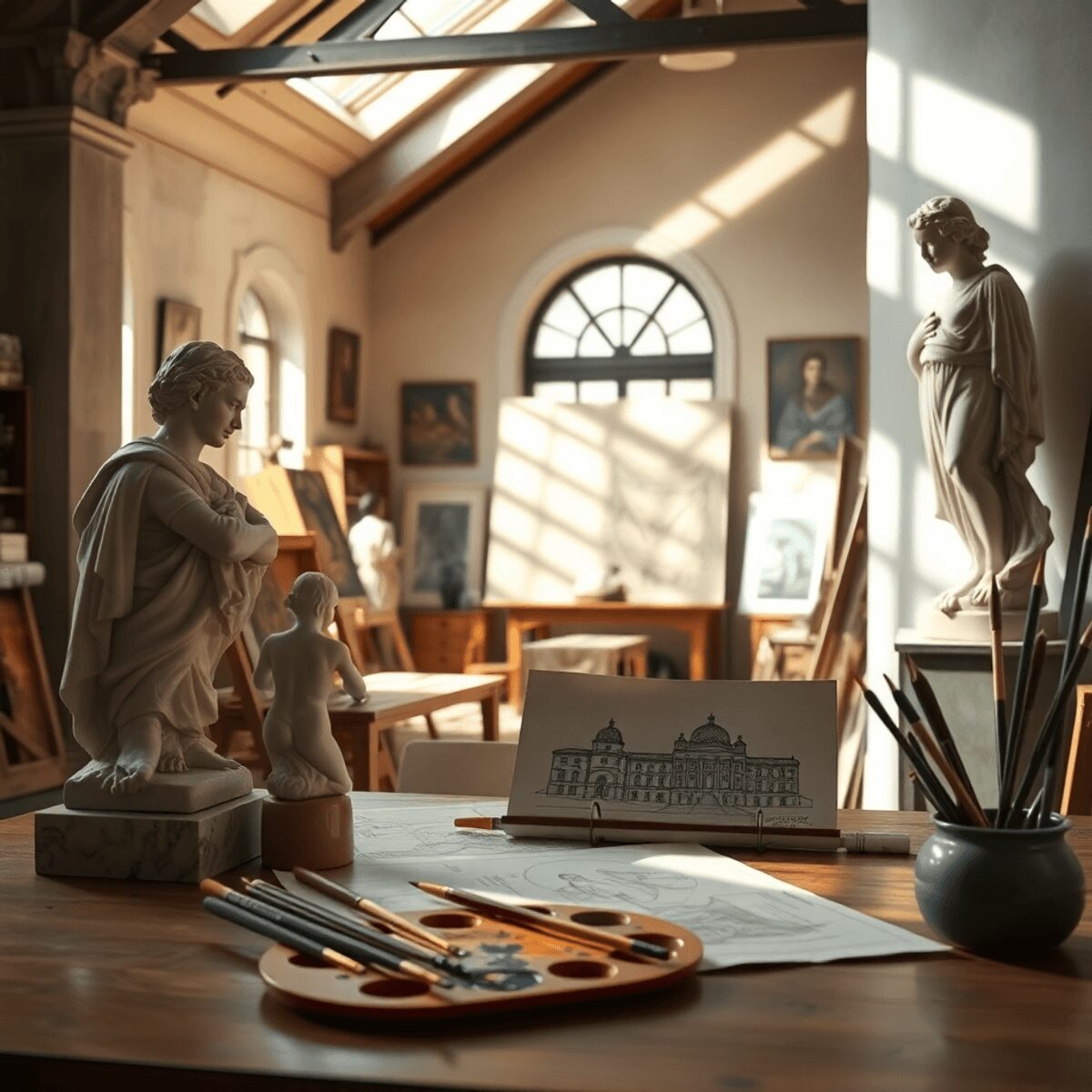 Sunlit Renaissance art studio with classical sculptures, architectural sketches, paintbrushes, and a warm workshop space symbolizing artistic colla...