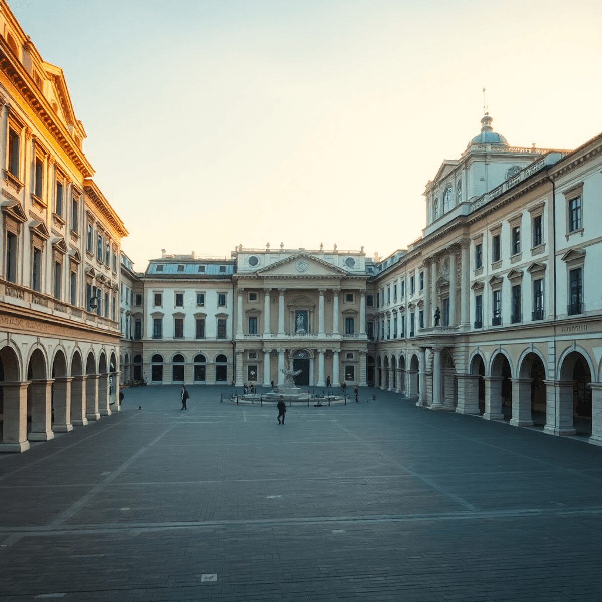 Sunlit Renaissance-style buildings with symmetrical design around a peaceful public square, showcasing timeless beauty and cultural harmony in warm...