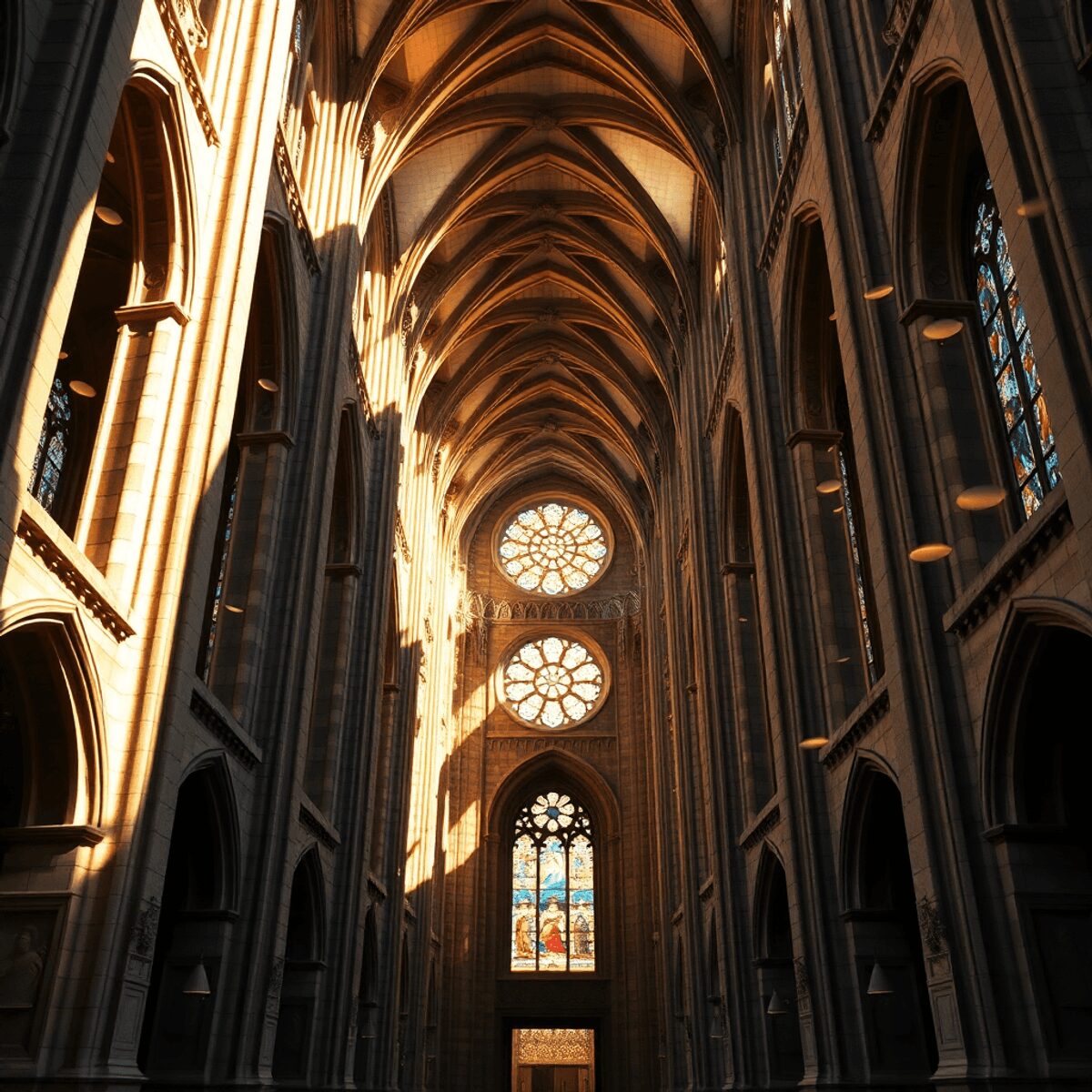 Sunlit cathedral with intricate stonework and soaring arches, surrounded by glowing geometric patterns and colorful stained glass windows emitting ...