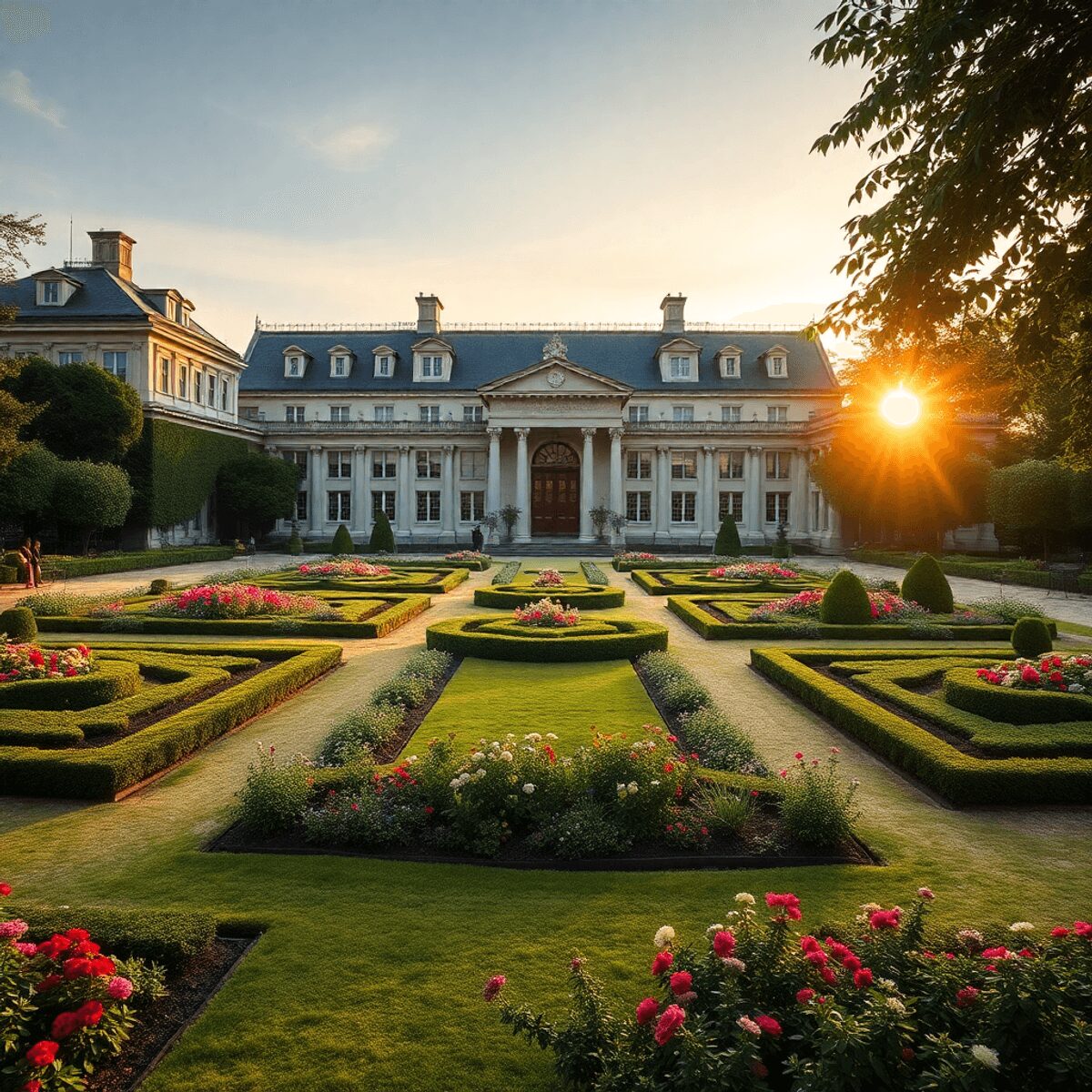 Sunlit noble estate garden at dawn with classical architecture, seasonal flowers, and lush greenery, showcasing harmony between nature and human de...