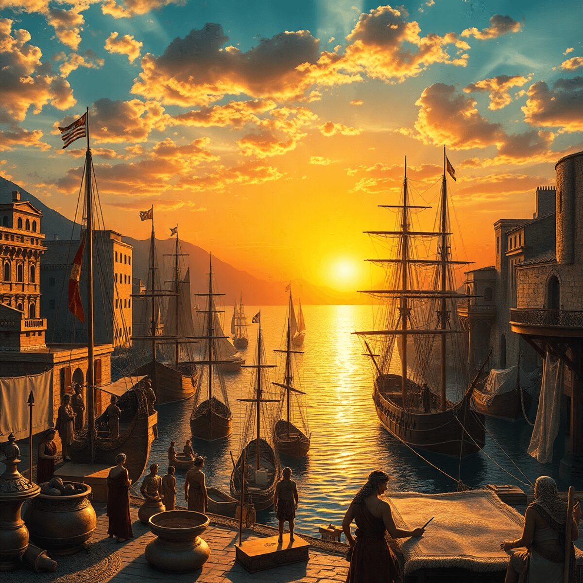 Sunset-lit ancient Mediterranean port city with trade ships, artisans crafting metalwork and textiles, and navigators studying maritime charts.