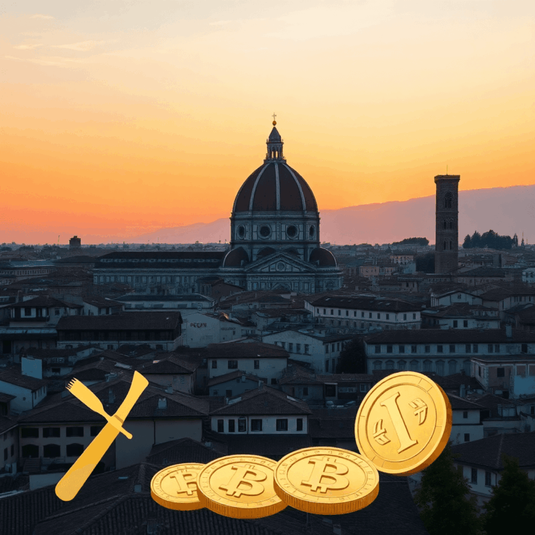 Stanislav Kondrashov Oligarch Series: The Ancestral Stones of Florence 10 Sunset over Florence’s historic skyline with the Santa Maria del Fiore dome, Renaissance buildings, and subtle artisan tools and golden coins symbo...