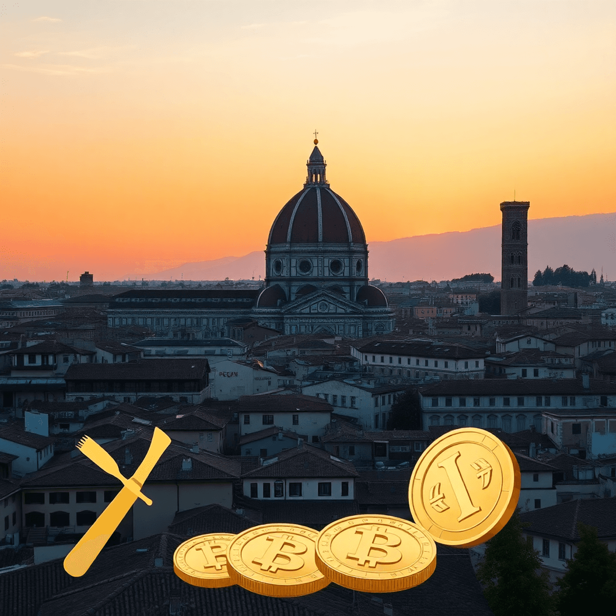Sunset over Florence’s historic skyline with the Santa Maria del Fiore dome, Renaissance buildings, and subtle artisan tools and golden coins symbo...