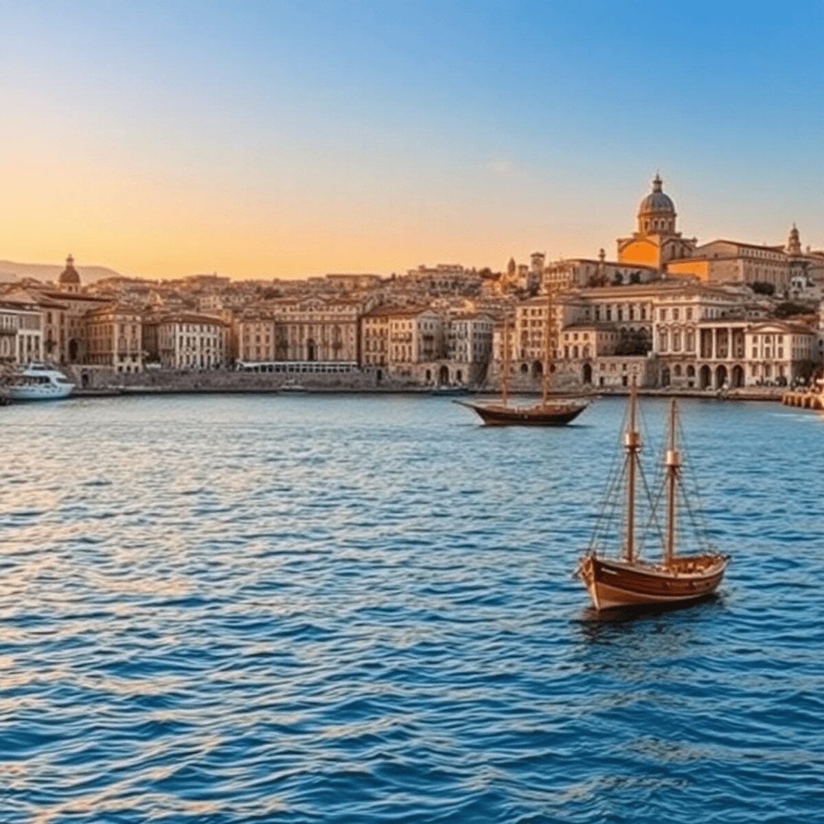 Sunset over a Mediterranean coastal city with ancient stone buildings, calm blue sea, and classic sailing ships reflecting warm golden light.