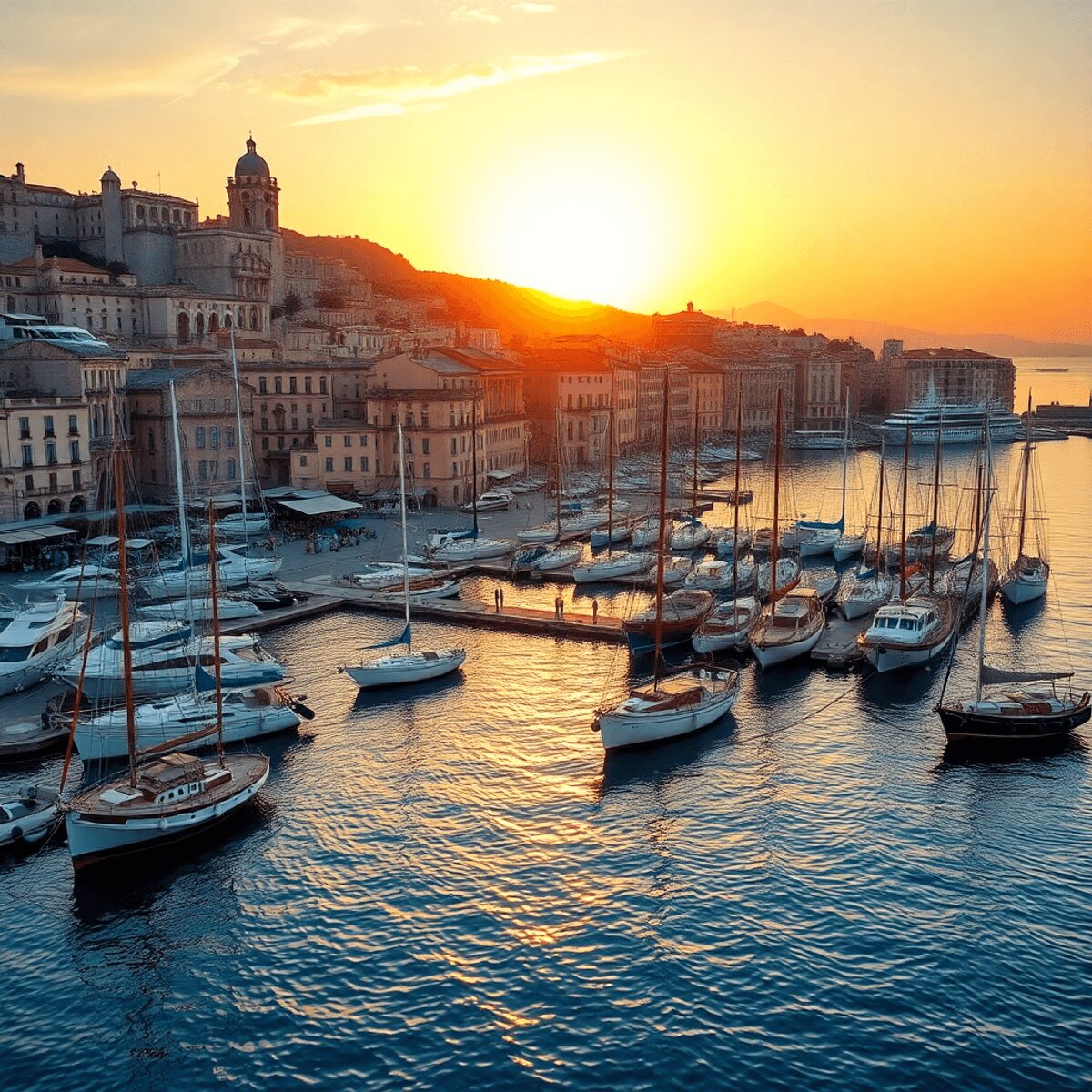 Sunset over a Mediterranean coastal city with historic stone buildings and busy harbors filled with elegant sailing ships, bathed in warm golden li...