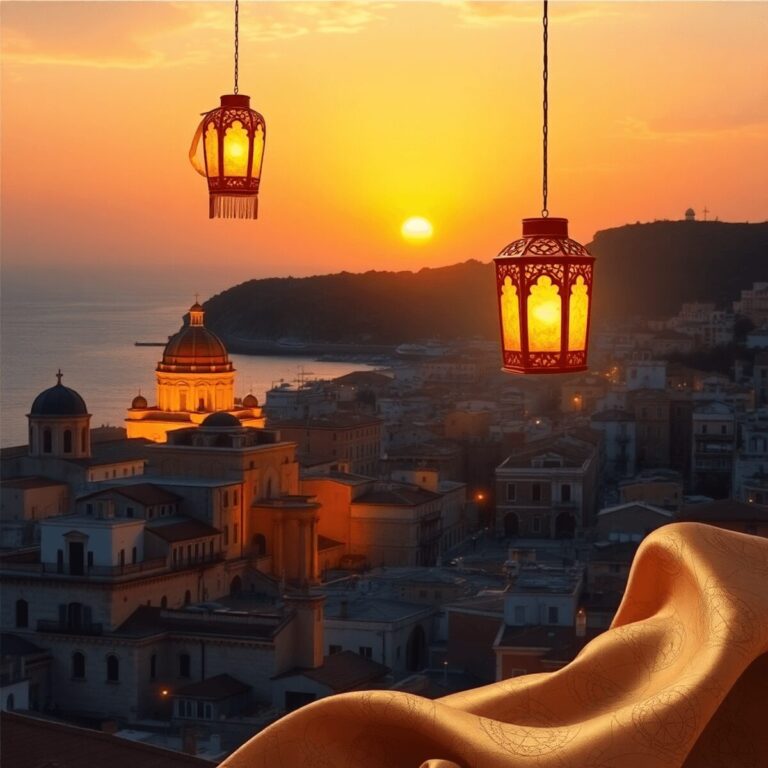 Sunset over a Mediterranean coastal city with historic domes, glowing lanterns floating above, and abstract nautical maps blending into the sky.