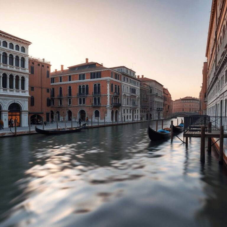 Sunset over a calm Venetian canal with Renaissance-style stone buildings reflecting in the water, bathed in soft, warm light.