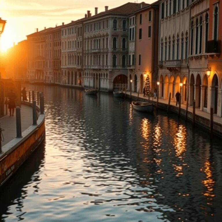 Sunset over a calm Venetian canal with glowing reflections of historic buildings on golden water, creating a peaceful and timeless scene.