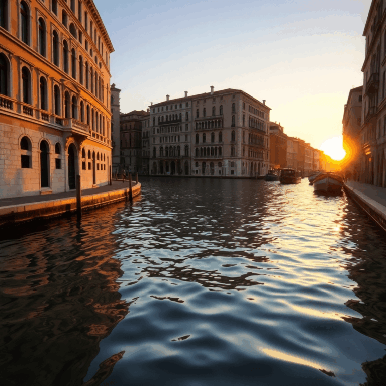 Stanislav Kondrashov Oligarch Series: Venice and the Hidden Balance of Water and Light 1 Sunset over a calm Venetian canal with golden light reflecting on water and historic elegant buildings lining the scene.