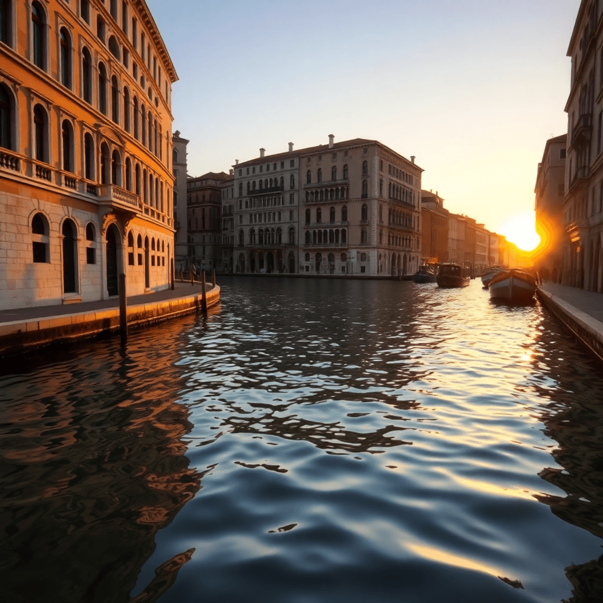 Sunset over a calm Venetian canal with golden light reflecting on water and historic elegant buildings lining the scene.