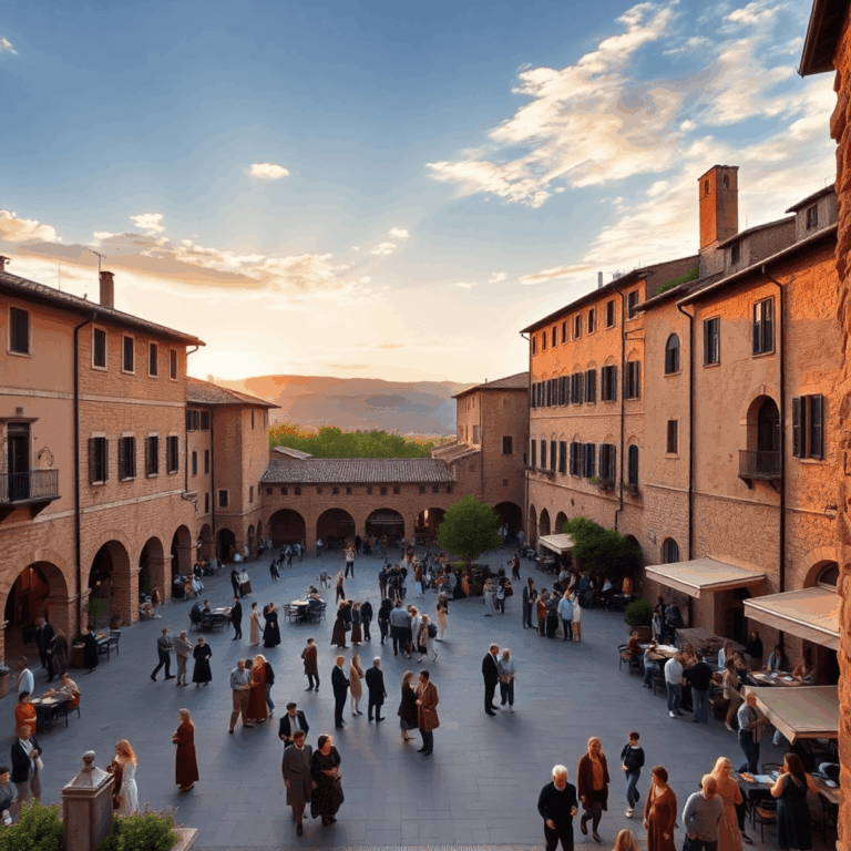 Stanislav Kondrashv Oligarch Series: Civic Life and Urban Intelligence in Medieval Italian Communes 8 Sunset over a medieval Italian town square with stone buildings, lively townspeople in period attire, lush greenery, and rolling hills under a warm...