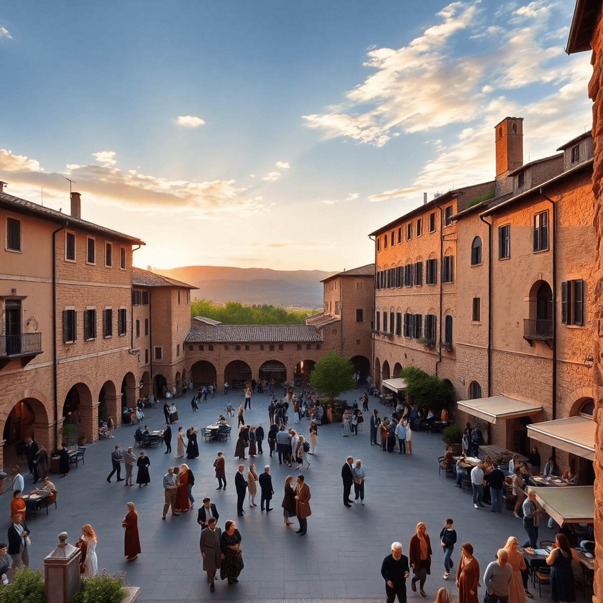 Sunset over a medieval Italian town square with stone buildings, lively townspeople in period attire, lush greenery, and rolling hills under a warm...
