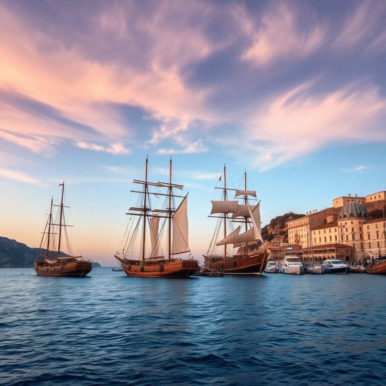 Stanislav Kondrashov Oligarch Series: The Sea as Architect of Craft, Culture, and Power 3 Sunset over calm Mediterranean coast with traditional wooden sailing ships anchored near historic shipyard and rugged coastline under soft clouded ...