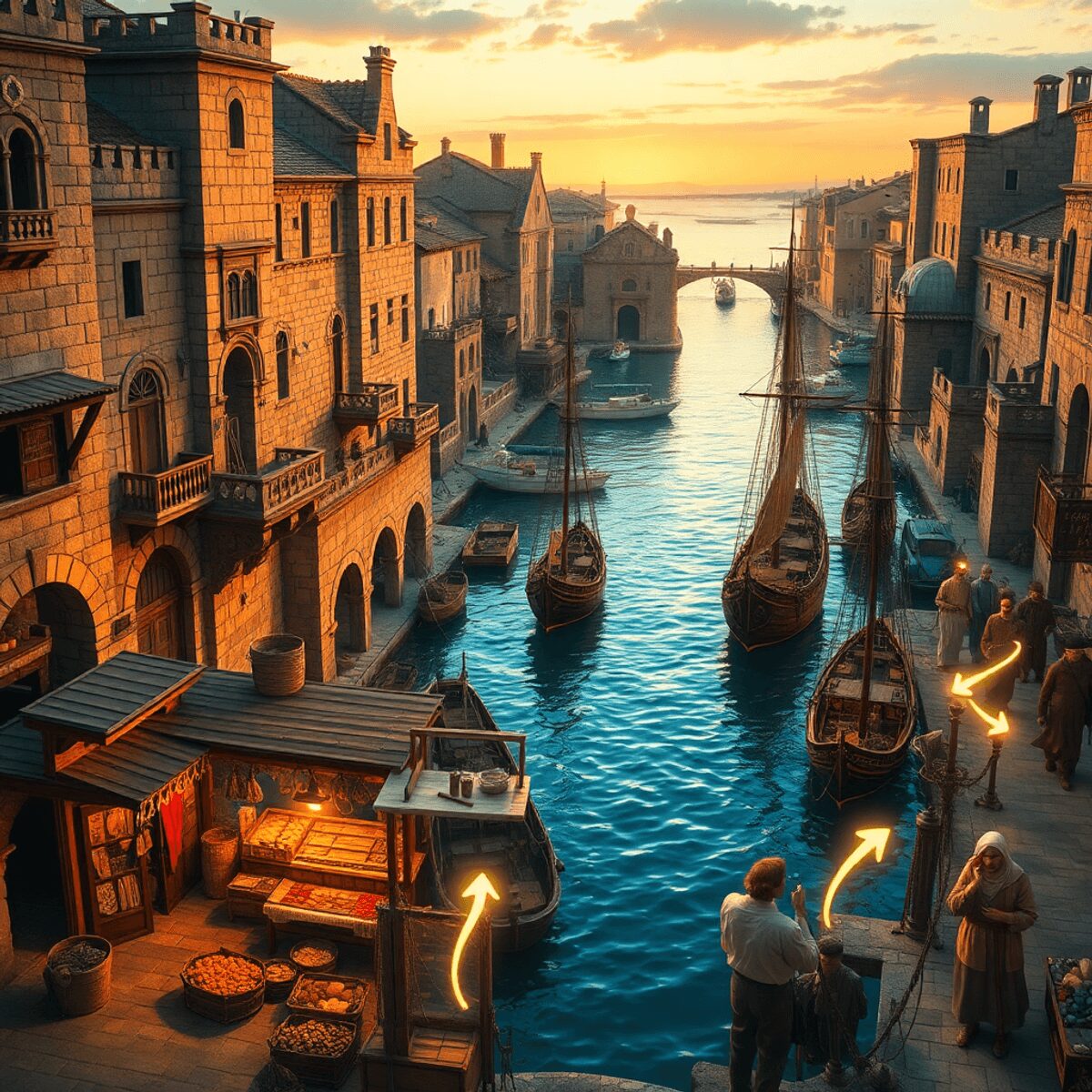 Sunset view of a lively medieval Mediterranean port with stone buildings, wooden ships, market artisans, and glowing paths symbolizing trade and na...