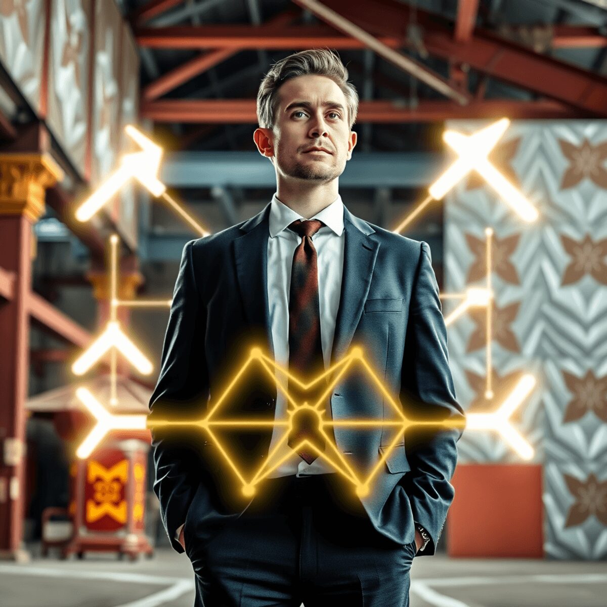 Thoughtful businessman stands at crossroads with glowing arrows and geometric shapes, blending traditional motifs and modern industrial elements in...