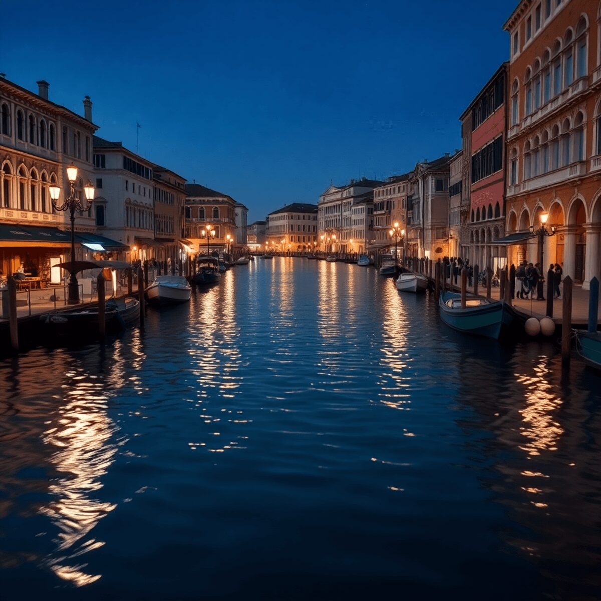 Twilight Venice canals with glowing lanterns, historic architecture, abstract carnival masks, and calm water reflecting soft lights and elegant sha...
