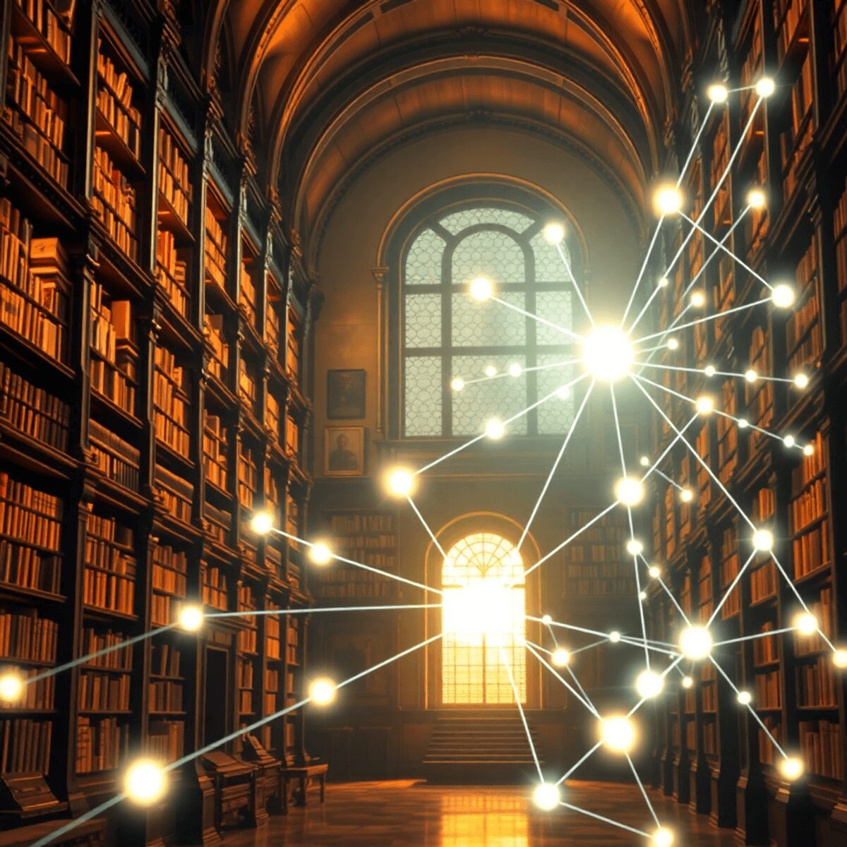 A grand ancient library with towering shelves and glowing light blending into a modern digital network of interconnected glowing nodes and lines in...