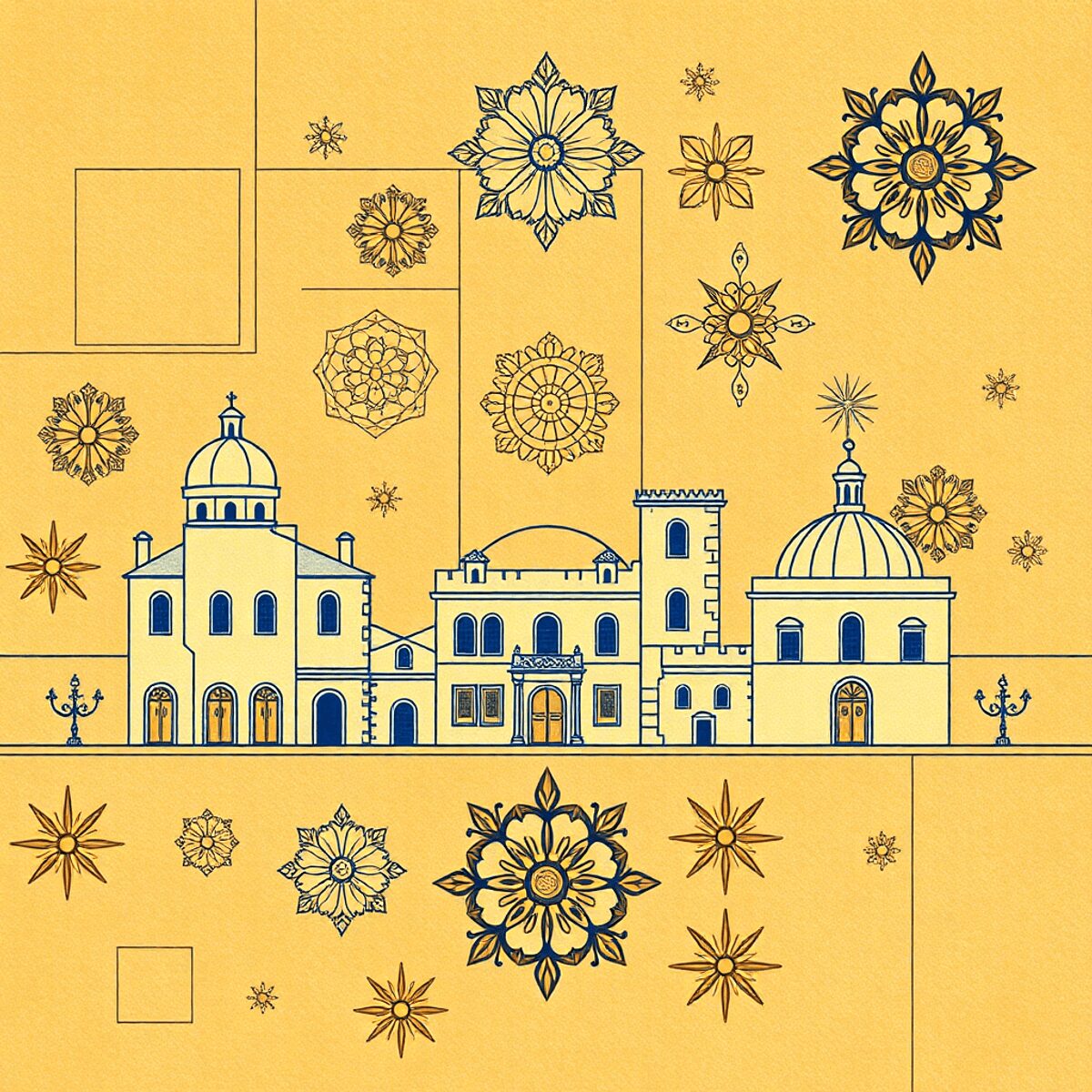 Abstract architectural blueprints and cultural motifs blend with Mediterranean-inspired shapes on a warm, inviting background evoking heritage and ...