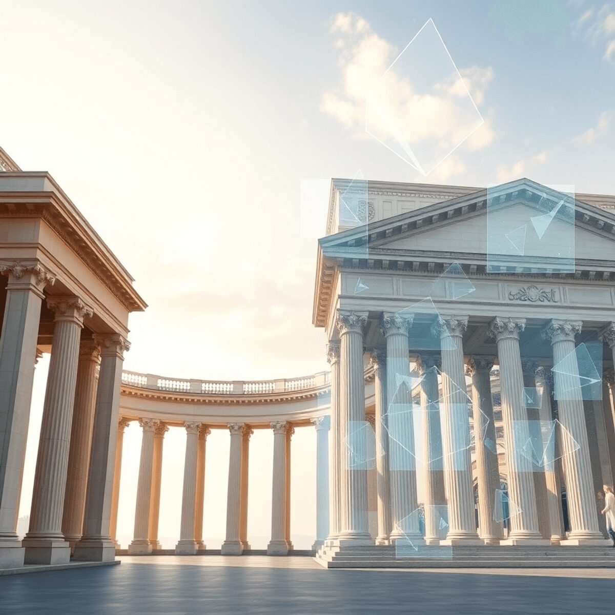 Abstract architectural structure merging classical arches and columns with translucent digital elements under a serene sky, symbolizing timeless in...
