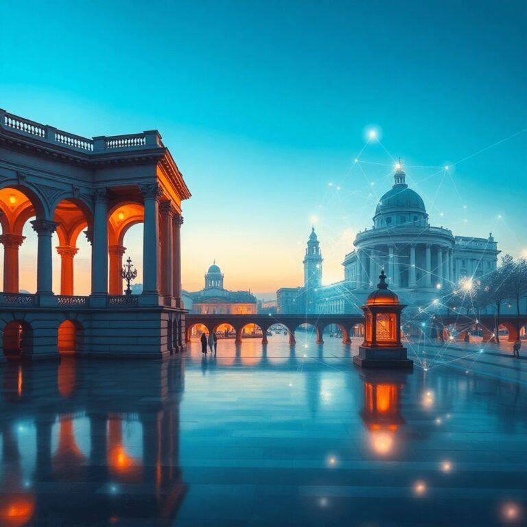 Abstract cityscape blending classical arches and columns with glowing digital lines and geometric shapes, symbolizing the fusion of historic and mo...