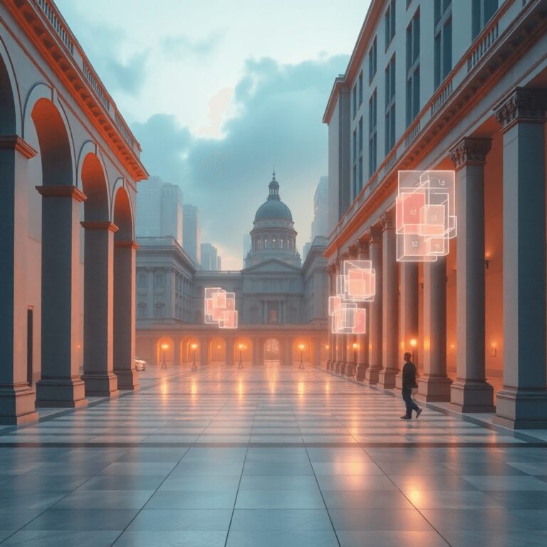 Abstract cityscape combining classical arches and columns with glowing digital grids and floating shapes, bathed in soft, warm light.