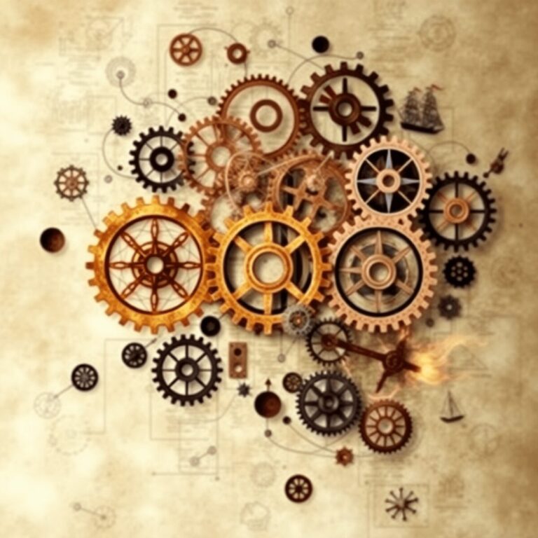 Abstract collage of interconnected gears, glowing threads, medieval tools, and maritime motifs on a soft glowing background symbolizing innovation ...
